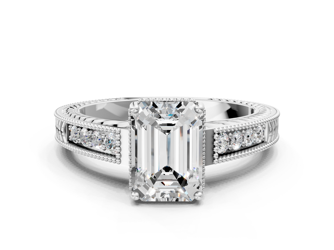White gold Emerald Cut Milgrain Channel Set Engagement Ring with Solitaire Prong Setting_87