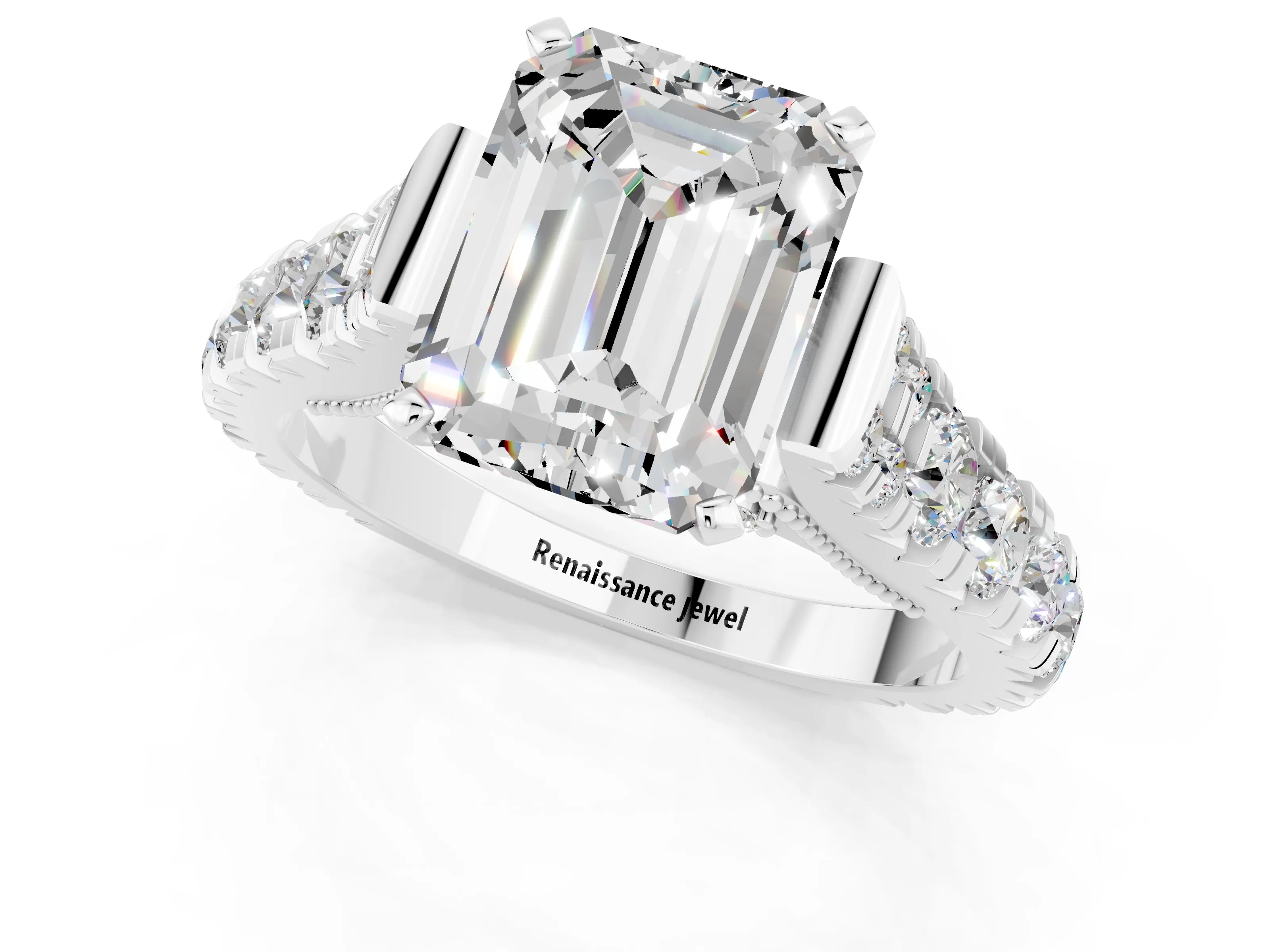 White gold Emerald Cut Moissanite Classic Solitaire Ring with Pavé Band and Four-Prong Setting_1
