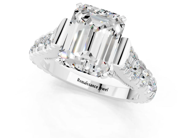 Platinum Emerald Cut Moissanite Classic Solitaire Ring with Pavé Band and Four-Prong Setting