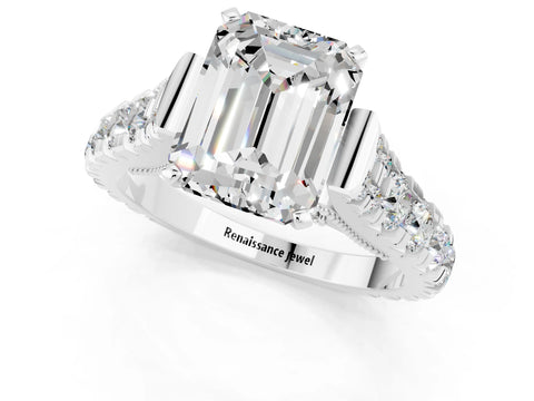 White gold Emerald Cut Moissanite Classic Solitaire Ring with Pavé Band and Four-Prong Setting_1