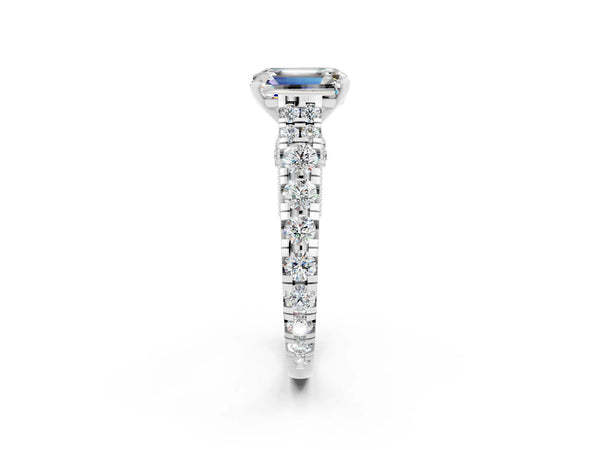 Platinum Emerald Cut Moissanite Classic Solitaire Ring with Pavé Band and Four-Prong Setting