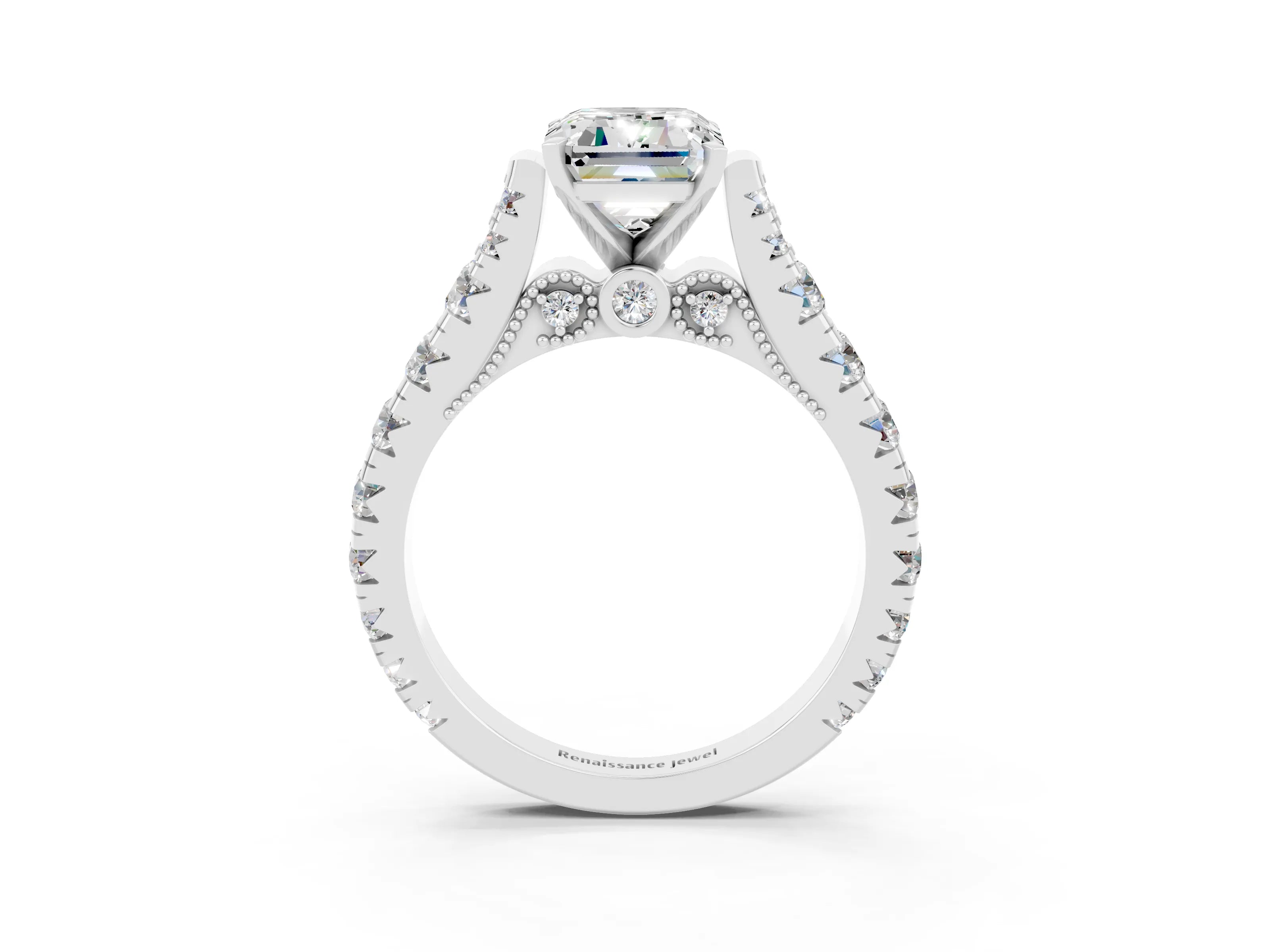 White gold Emerald Cut Moissanite Classic Solitaire Ring with Pavé Band and Four-Prong Setting_3