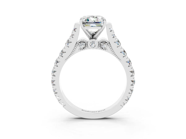Platinum Emerald Cut Moissanite Classic Solitaire Ring with Pavé Band and Four-Prong Setting