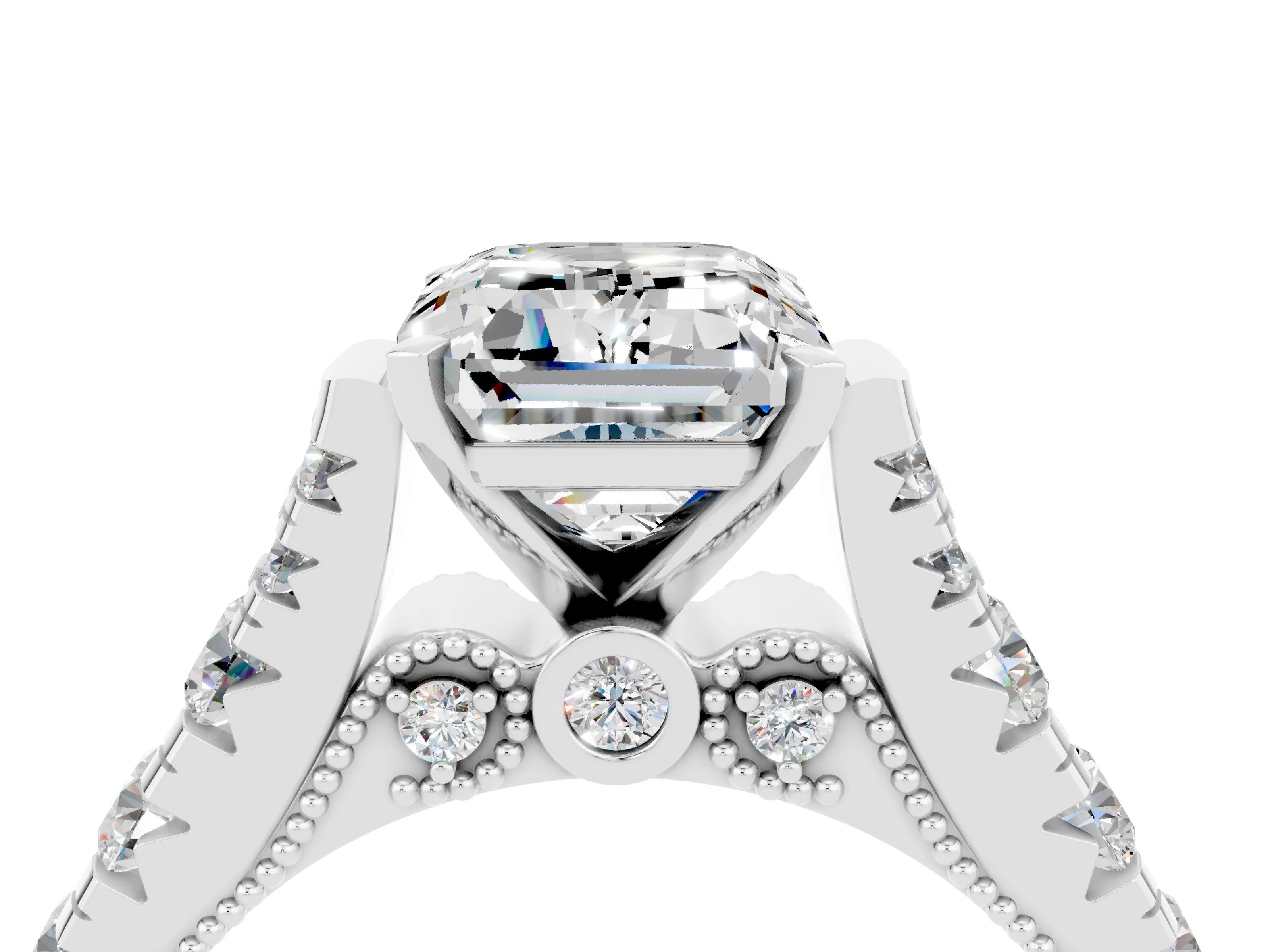 White gold Emerald Cut Moissanite Classic Solitaire Ring with Pavé Band and Four-Prong Setting_4