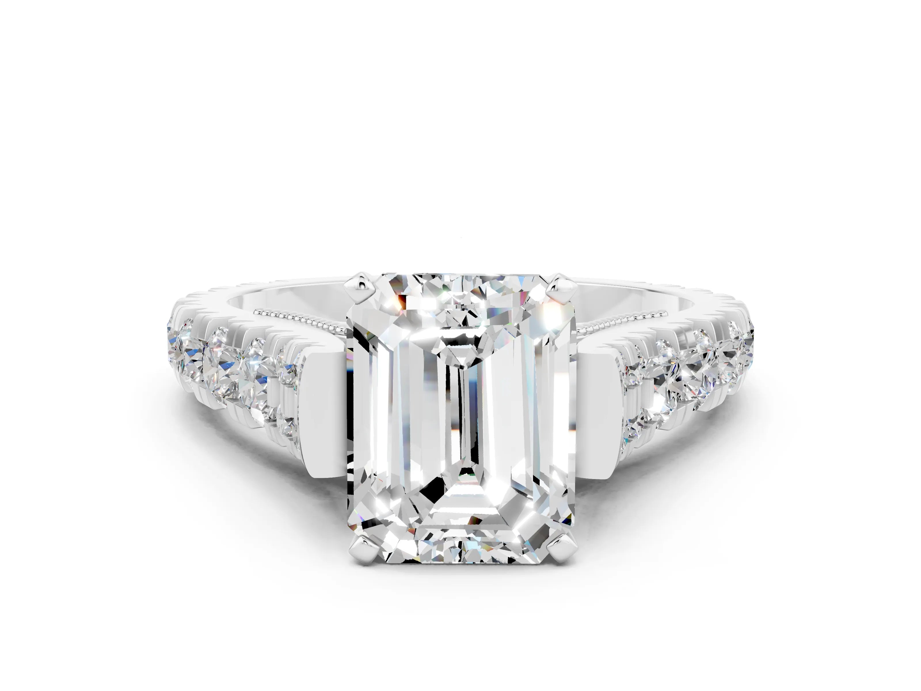 White gold Emerald Cut Moissanite Classic Solitaire Ring with Pavé Band and Four-Prong Setting