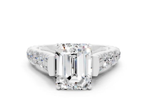 White gold Emerald Cut Moissanite Classic Solitaire Ring with Pavé Band and Four-Prong Setting