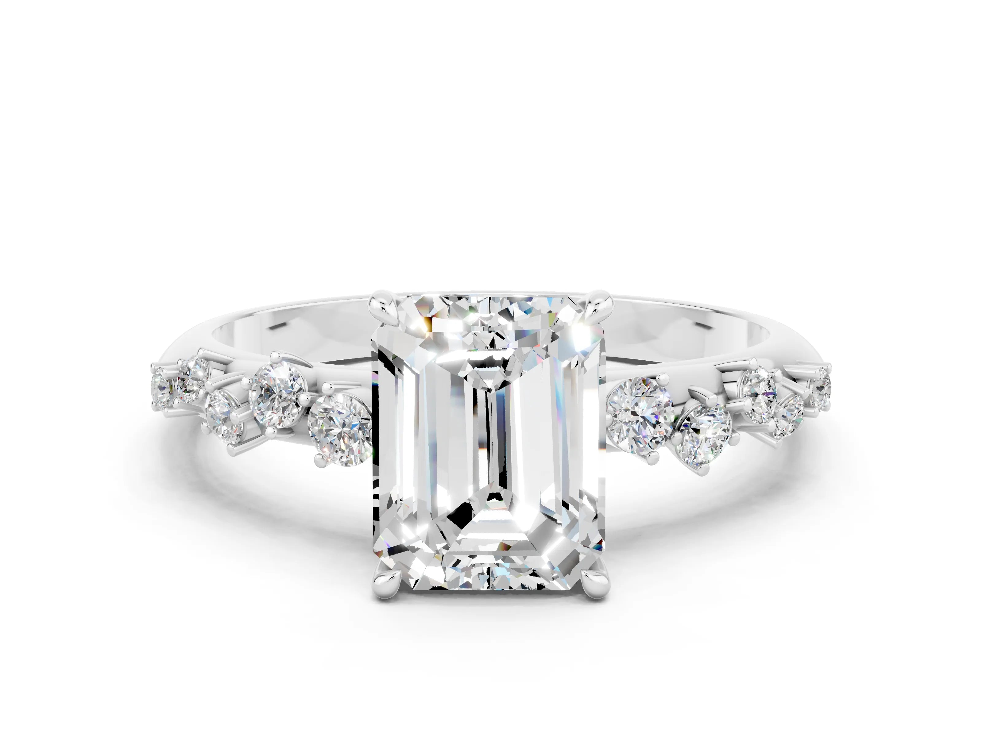 White gold Emerald Cut Moissanite Cluster Side Stone Solitaire Ring with Prong Setting_24