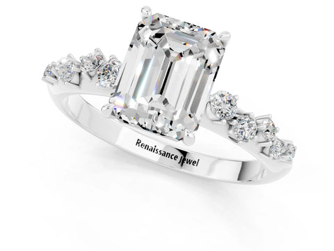 White gold Emerald Cut Moissanite Cluster Side Stone Solitaire Ring with Prong Setting_25