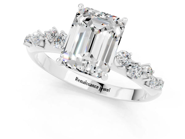 Silver Emerald Cut Moissanite Cluster Side Stone Solitaire Ring with Prong Setting
