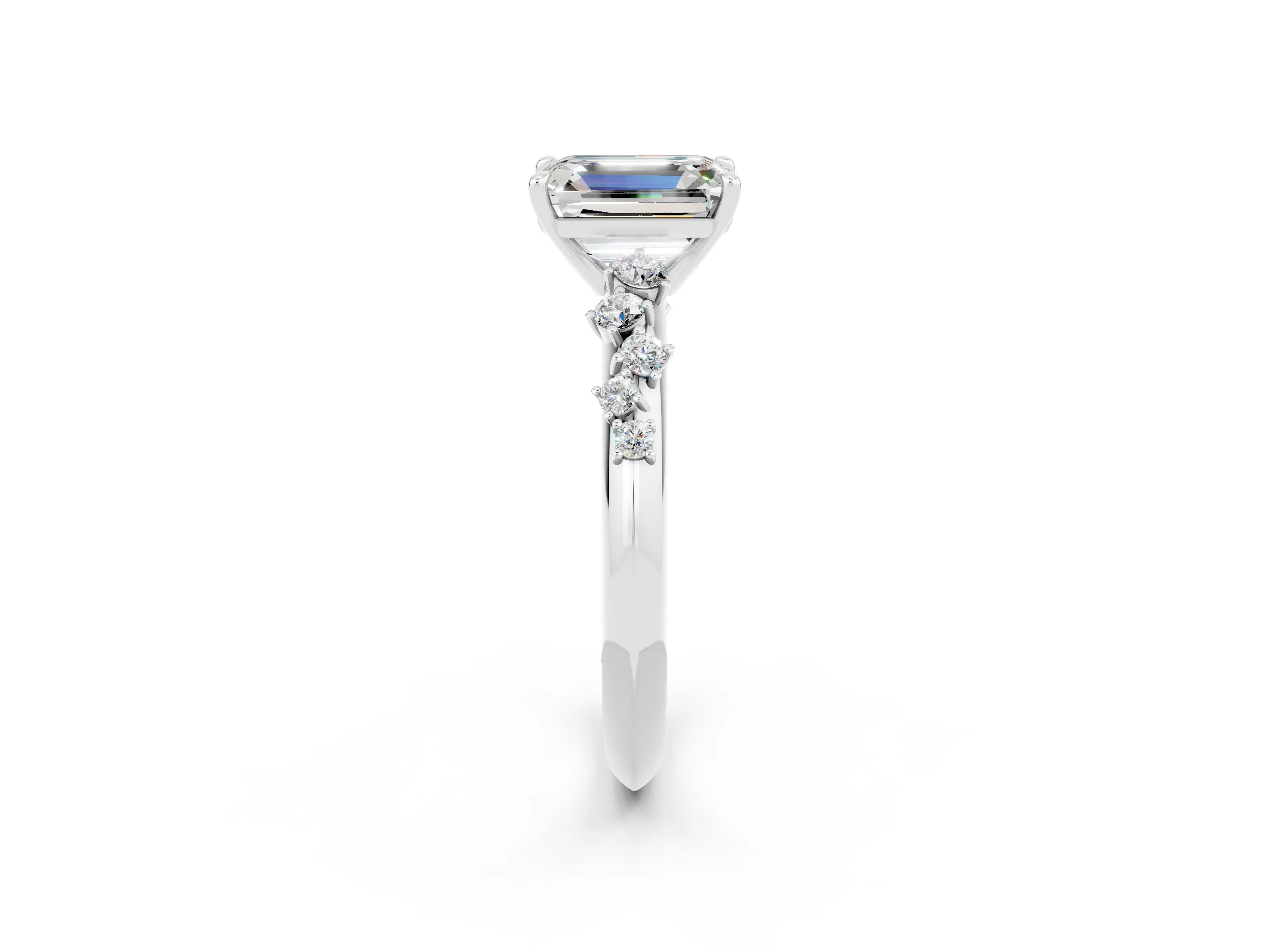 White gold Emerald Cut Moissanite Cluster Side Stone Solitaire Ring with Prong Setting_26