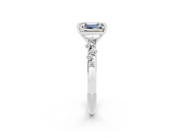 Silver Emerald Cut Moissanite Cluster Side Stone Solitaire Ring with Prong Setting
