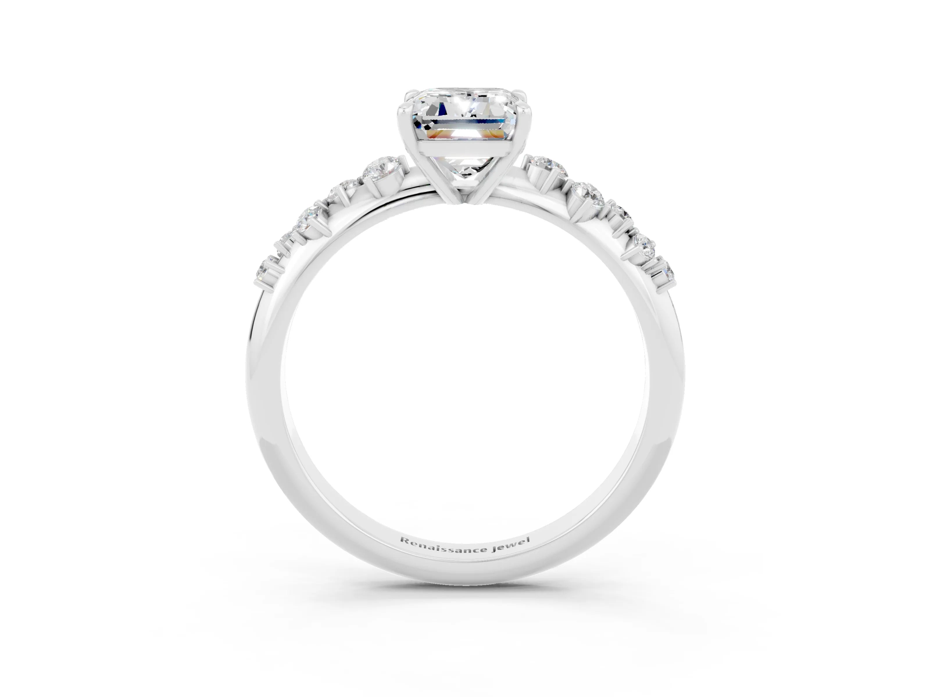 White gold Emerald Cut Moissanite Cluster Side Stone Solitaire Ring with Prong Setting_27
