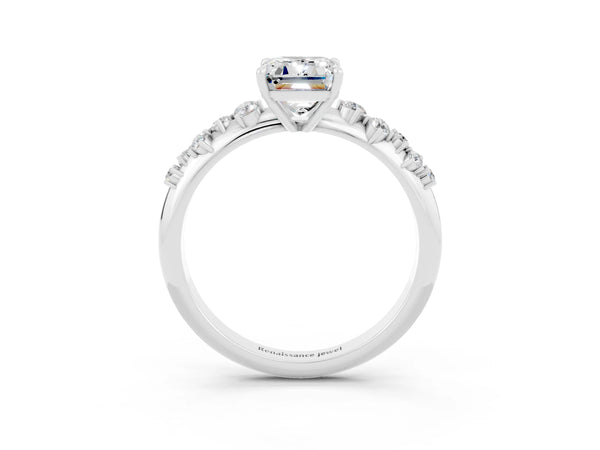 Silver Emerald Cut Moissanite Cluster Side Stone Solitaire Ring with Prong Setting
