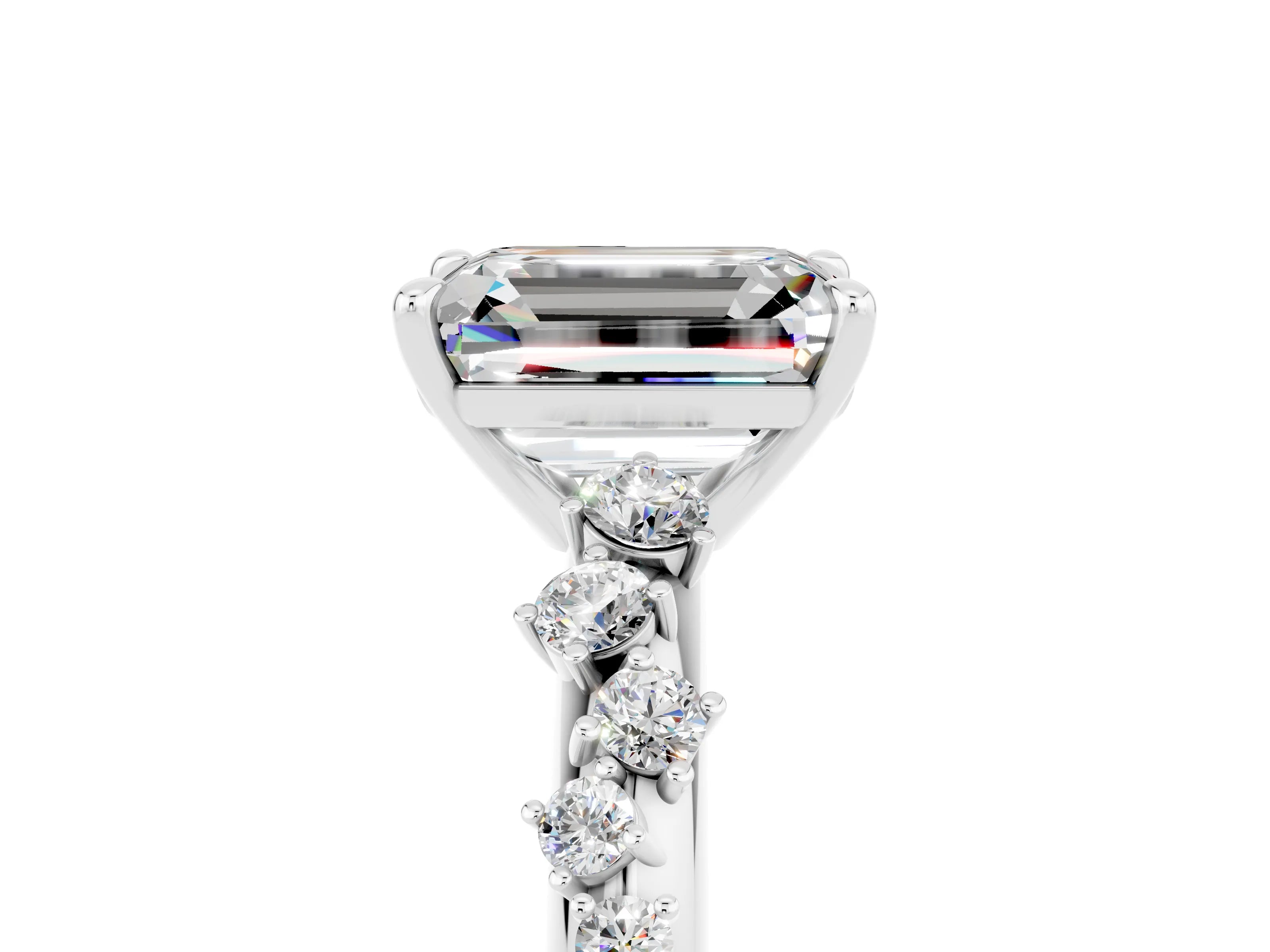 White gold Emerald Cut Moissanite Cluster Side Stone Solitaire Ring with Prong Setting_29