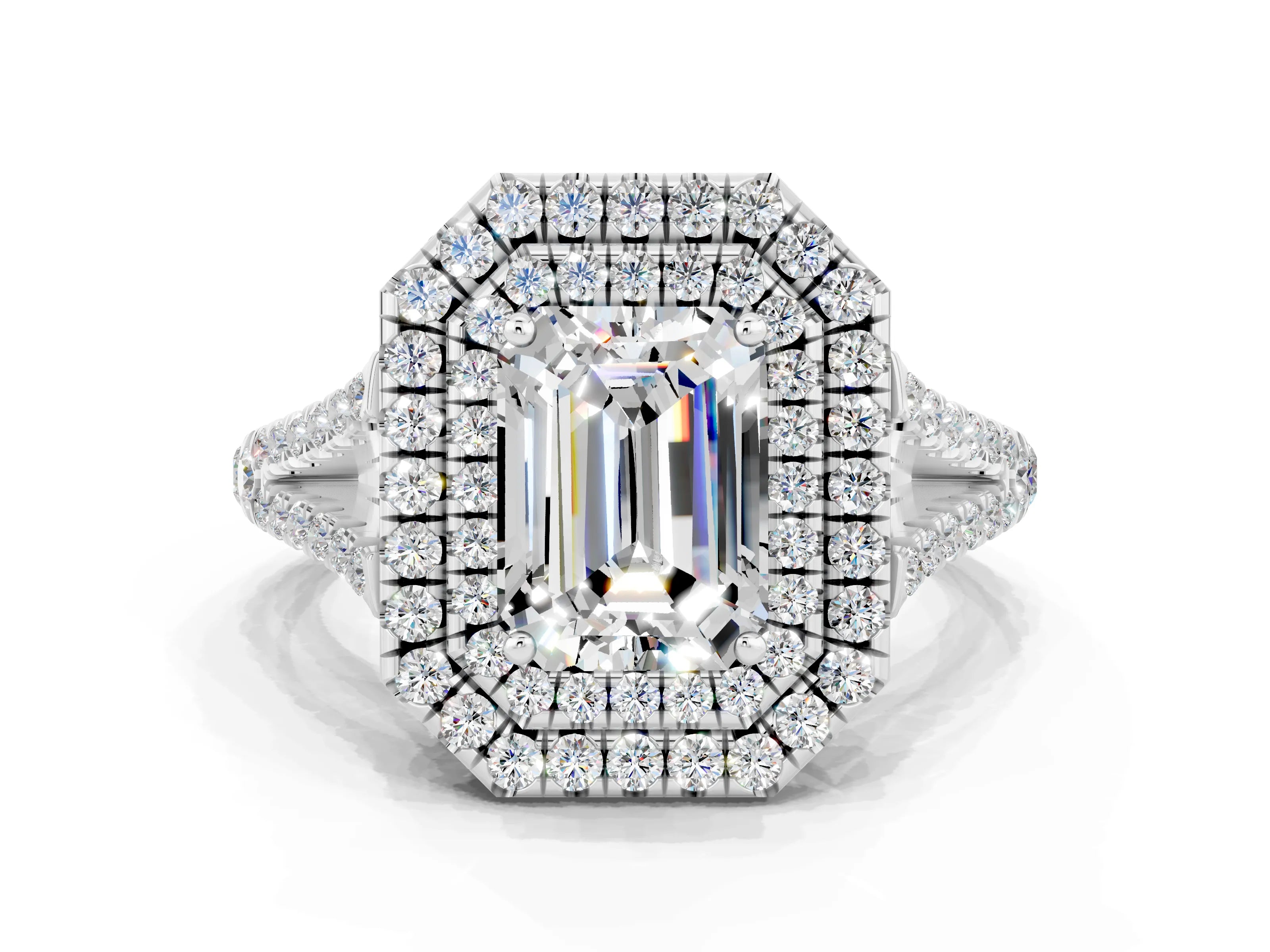 White gold Emerald Cut Moissanite Double Halo Ring with Pavé Band and Prong Setting_12