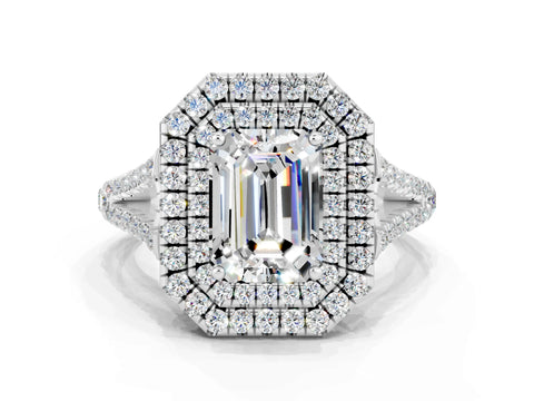 White gold Emerald Cut Moissanite Double Halo Ring with Pavé Band and Prong Setting_12