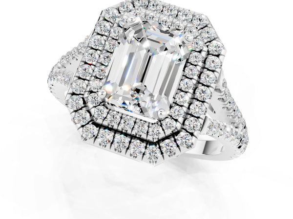 Silver Emerald Cut Moissanite Double Halo Ring with Pavé Band and Prong Setting