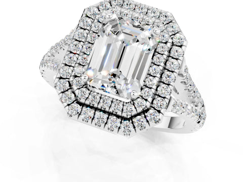 White gold Emerald Cut Moissanite Double Halo Ring with Pavé Band and Prong Setting_13