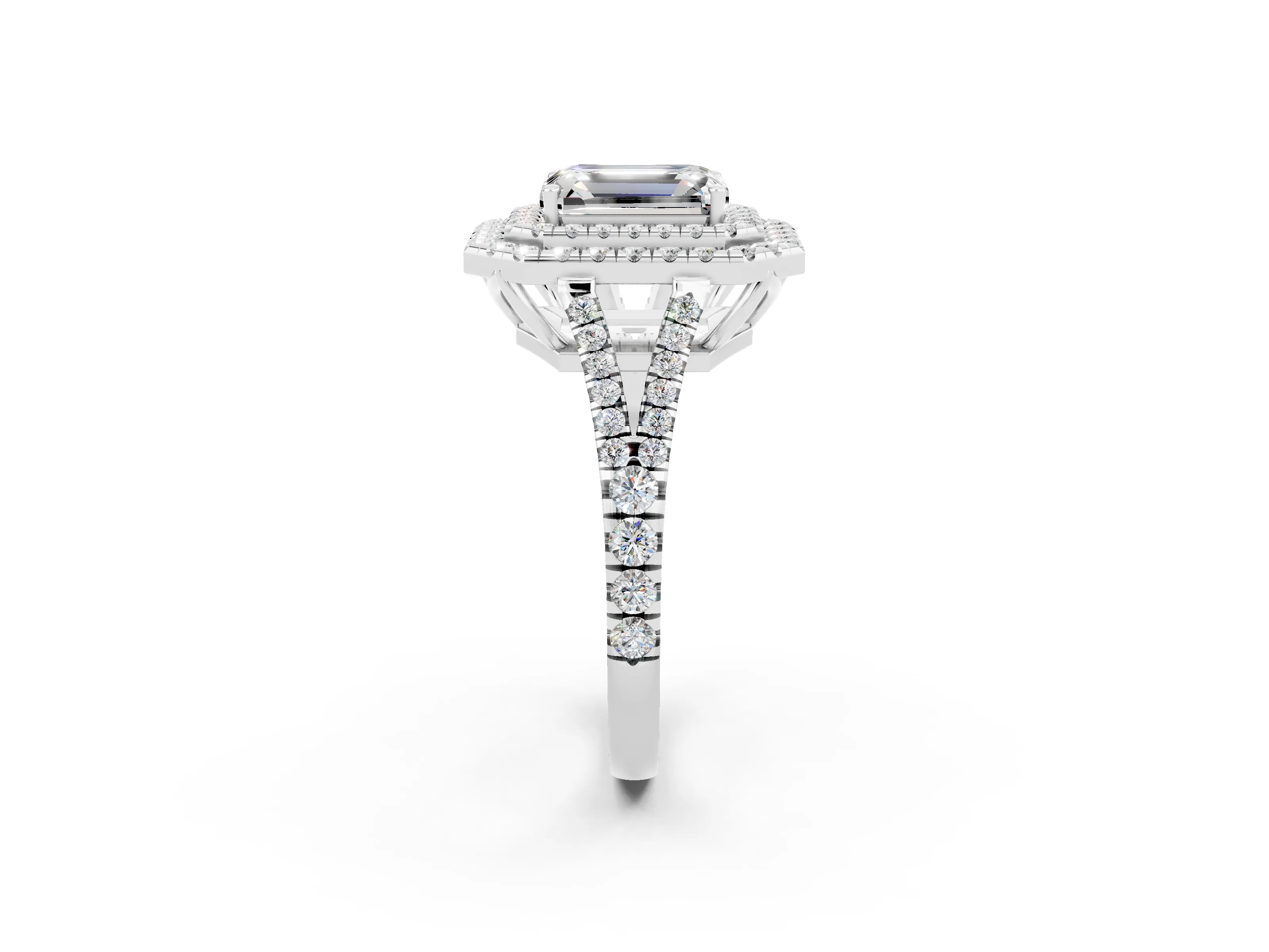 White gold Emerald Cut Moissanite Double Halo Ring with Pavé Band and Prong Setting_14
