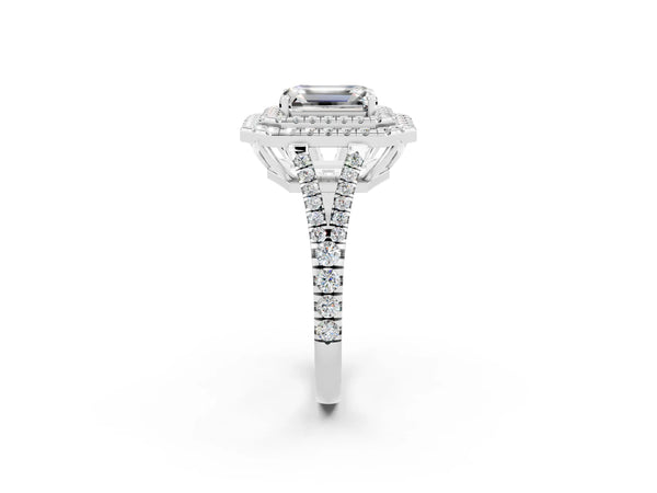 Platinum Emerald Cut Moissanite Double Halo Ring with Pavé Band and Prong Setting