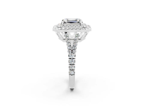 White gold Emerald Cut Moissanite Double Halo Ring with Pavé Band and Prong Setting_14