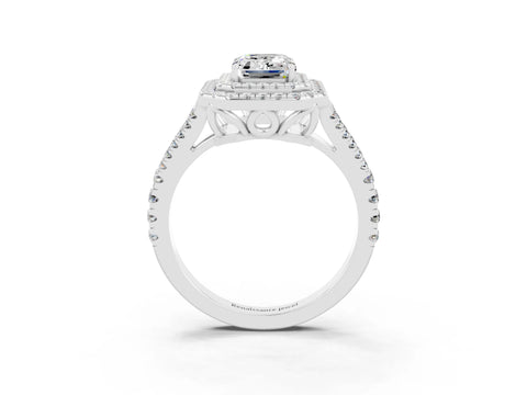 White gold Emerald Cut Moissanite Double Halo Ring with Pavé Band and Prong Setting_15