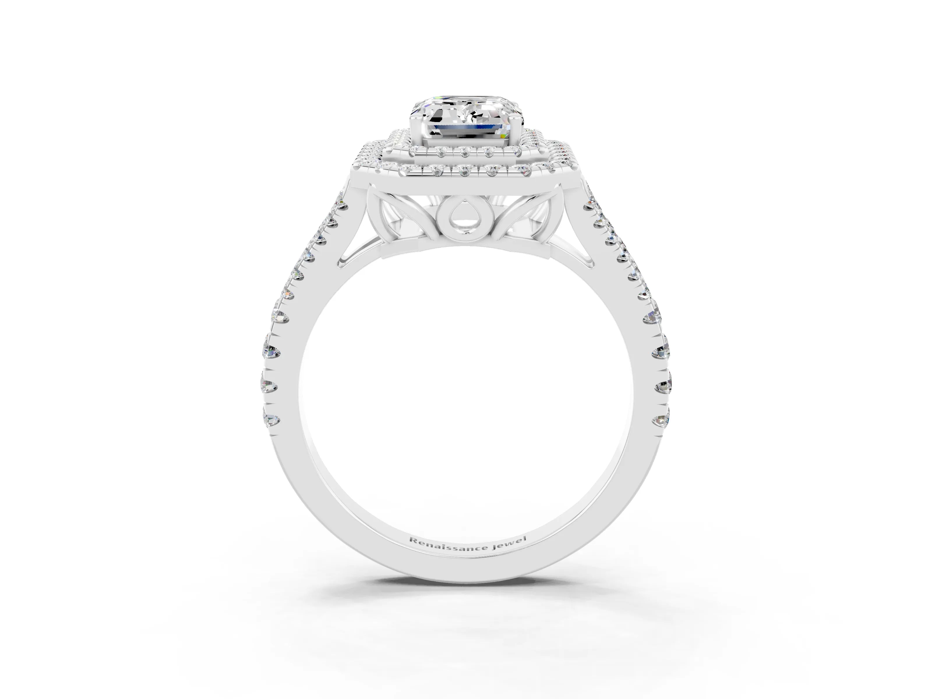 White gold Emerald Cut Moissanite Double Halo Ring with Pavé Band and Prong Setting_15