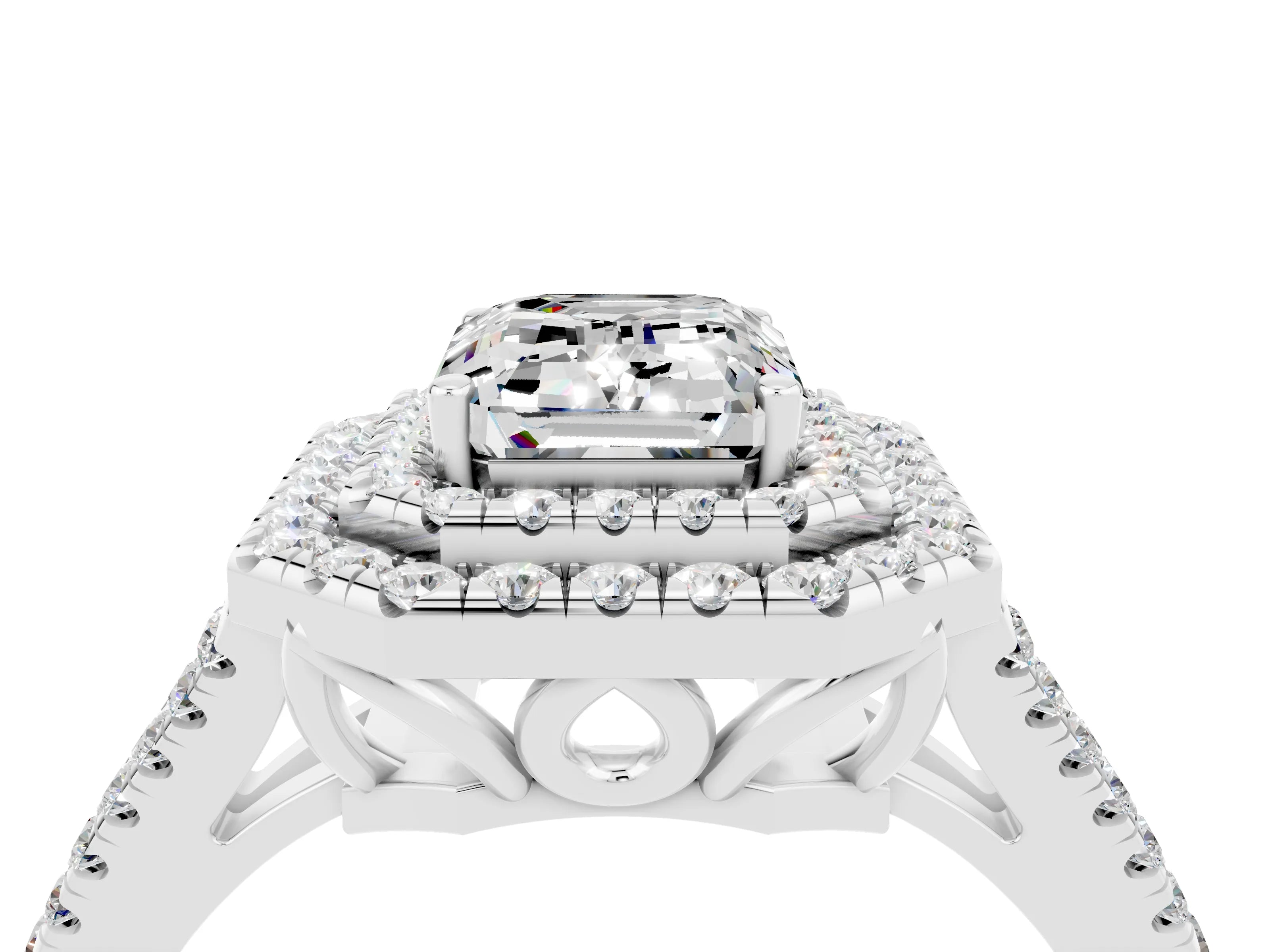 White gold Emerald Cut Moissanite Double Halo Ring with Pavé Band and Prong Setting_16