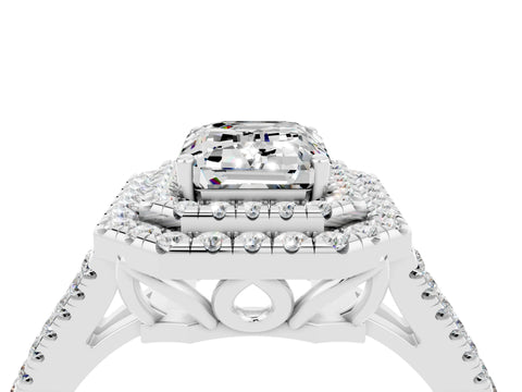 White gold Emerald Cut Moissanite Double Halo Ring with Pavé Band and Prong Setting_16