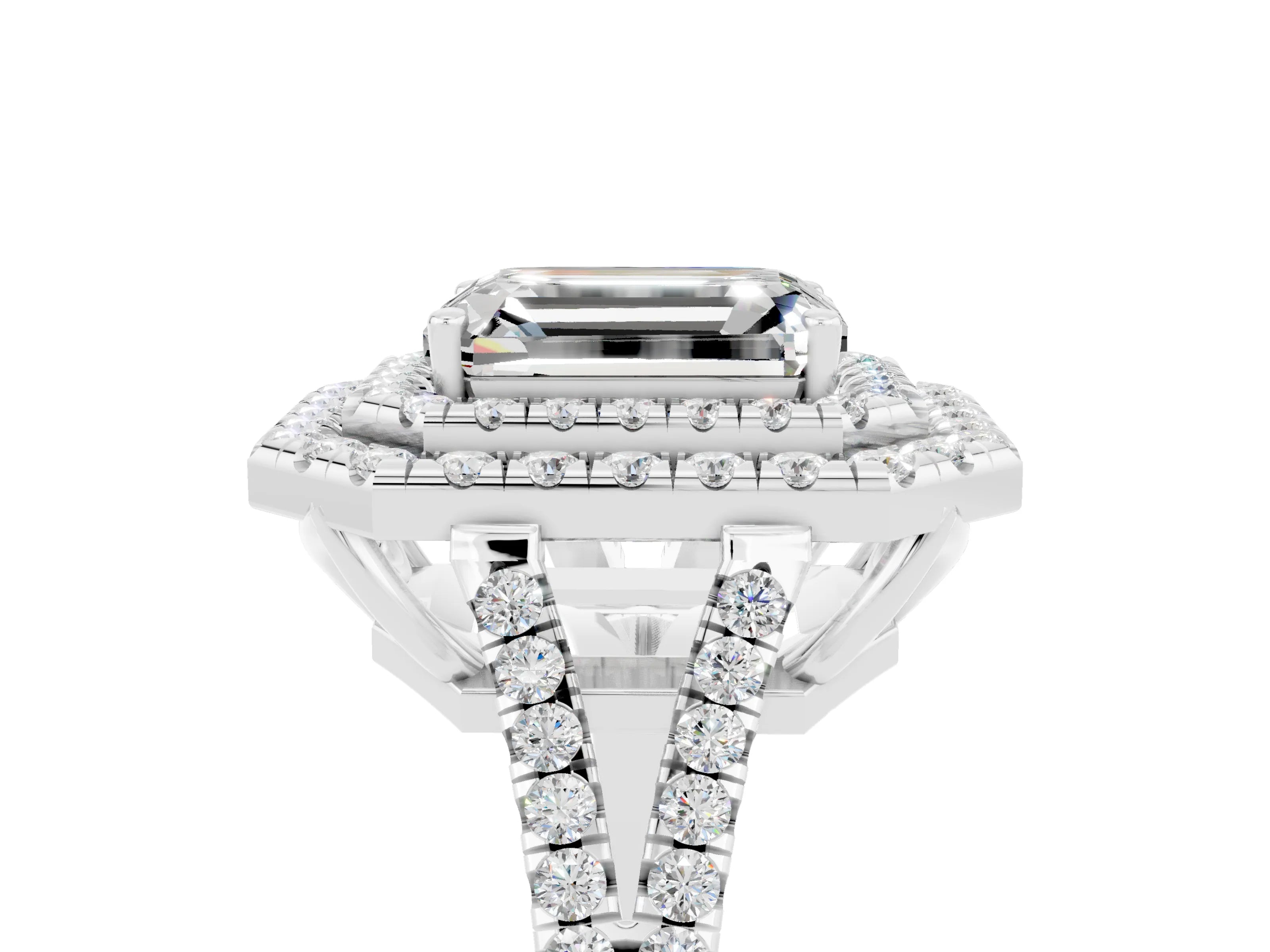 White gold Emerald Cut Moissanite Double Halo Ring with Pavé Band and Prong Setting_17