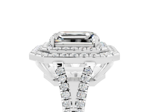 White gold Emerald Cut Moissanite Double Halo Ring with Pavé Band and Prong Setting_17