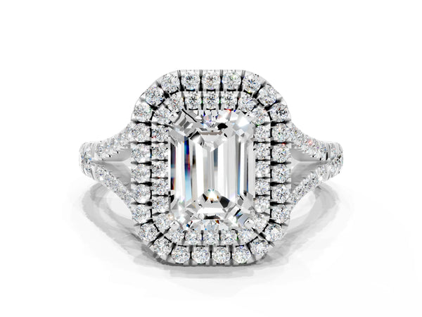 Platinum Emerald Cut Moissanite Double Halo Ring with Split Shank and Prong Setting