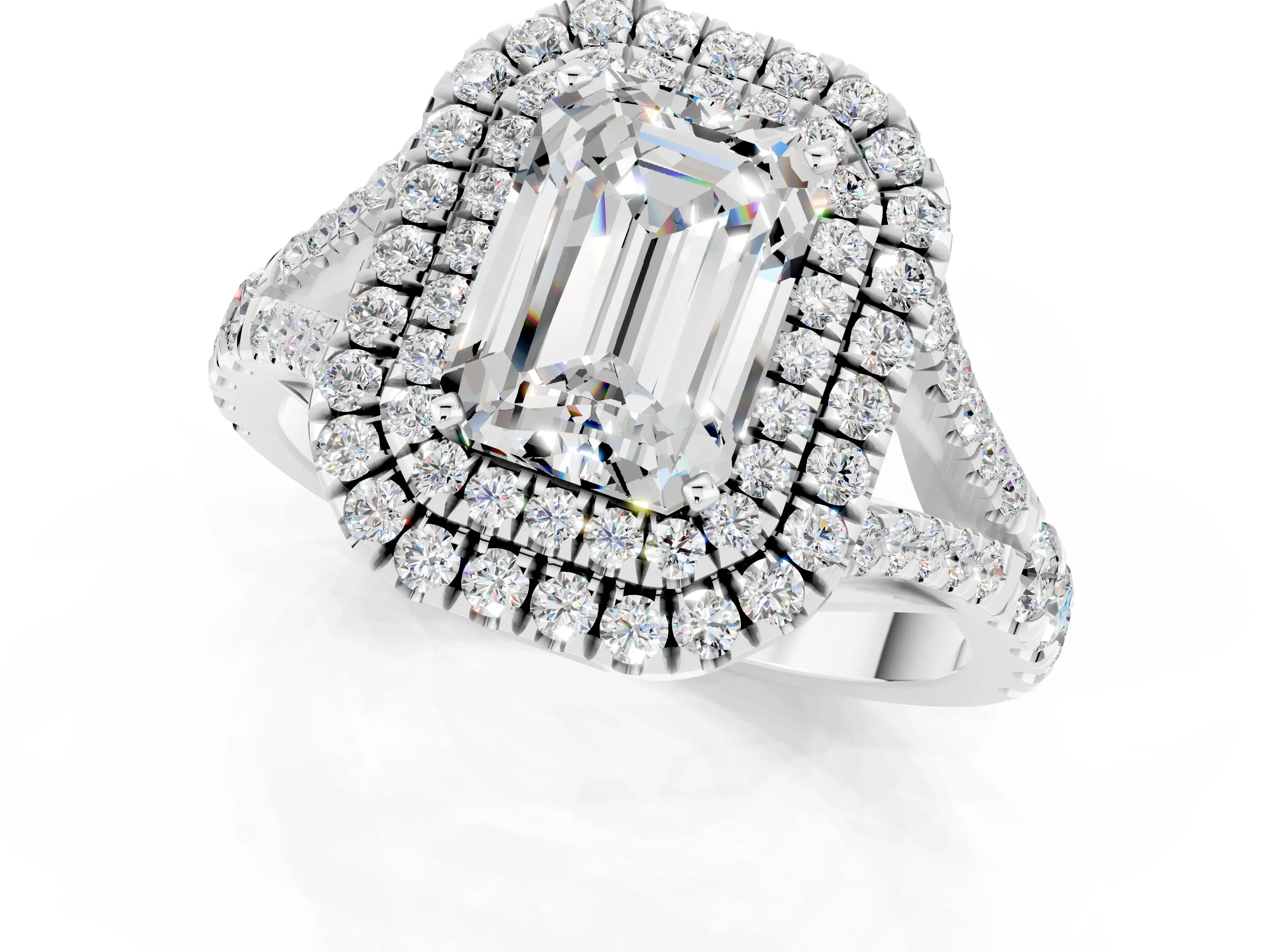 White gold Emerald Cut Moissanite Double Halo Ring with Split Shank and Prong Setting_13