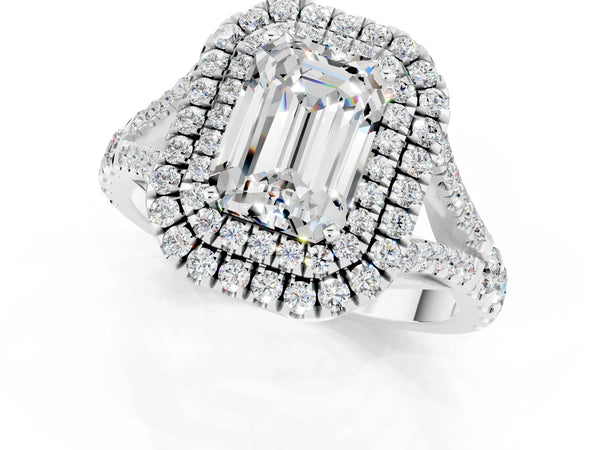 Silver Emerald Cut Moissanite Double Halo Ring with Split Shank and Prong Setting