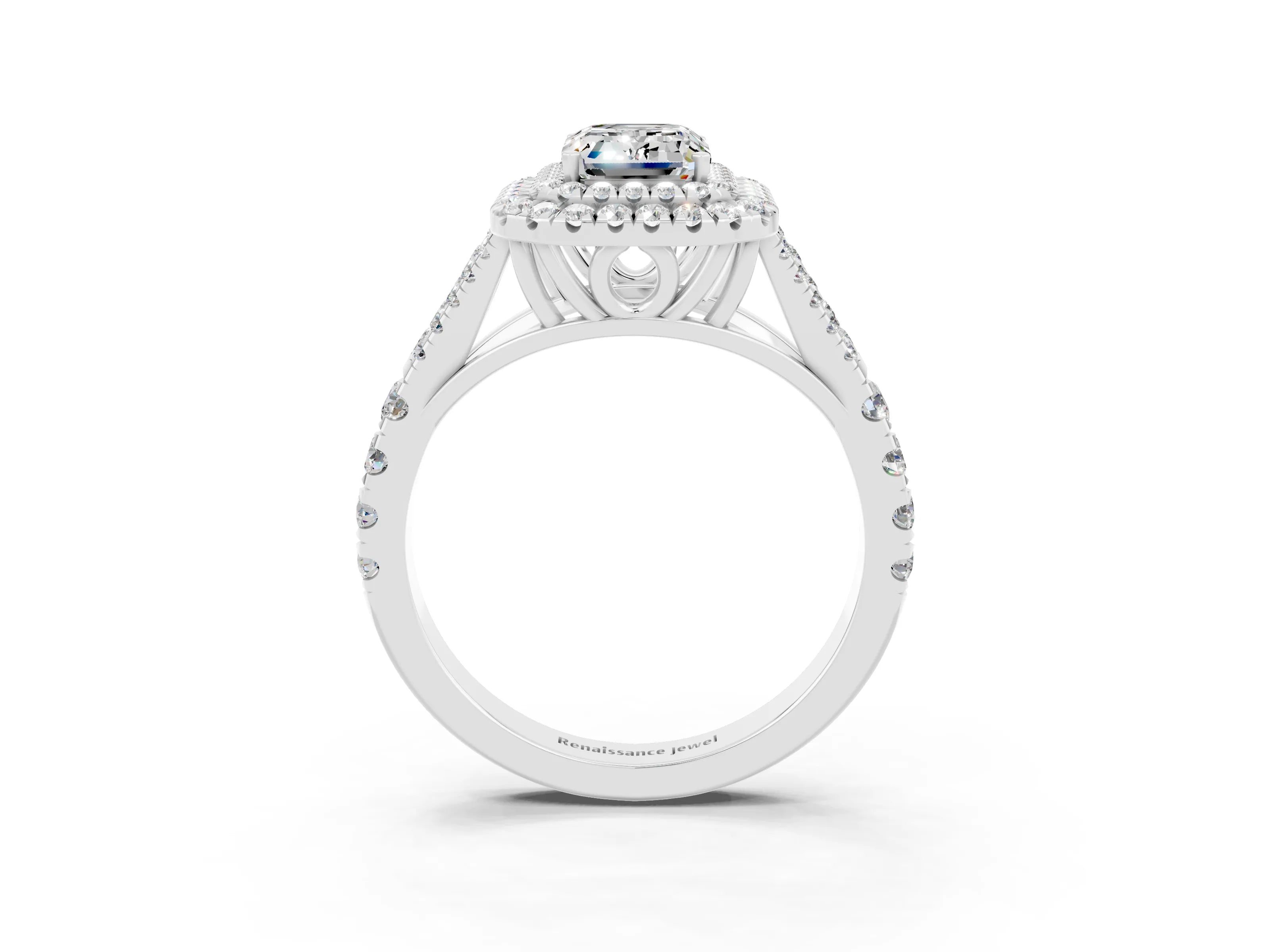 White gold Emerald Cut Moissanite Double Halo Ring with Split Shank and Prong Setting_15