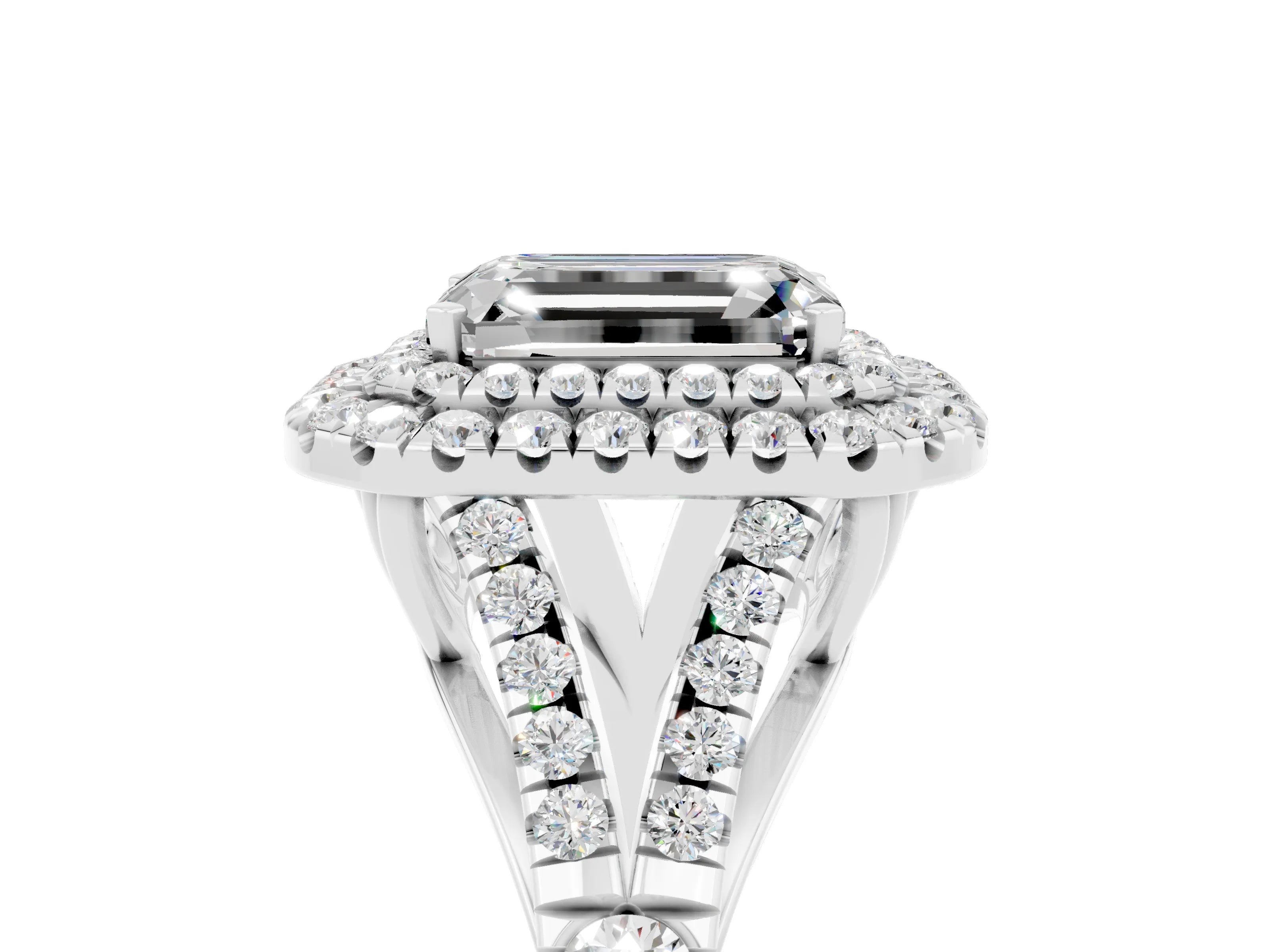 White gold Emerald Cut Moissanite Double Halo Ring with Split Shank and Prong Setting_17