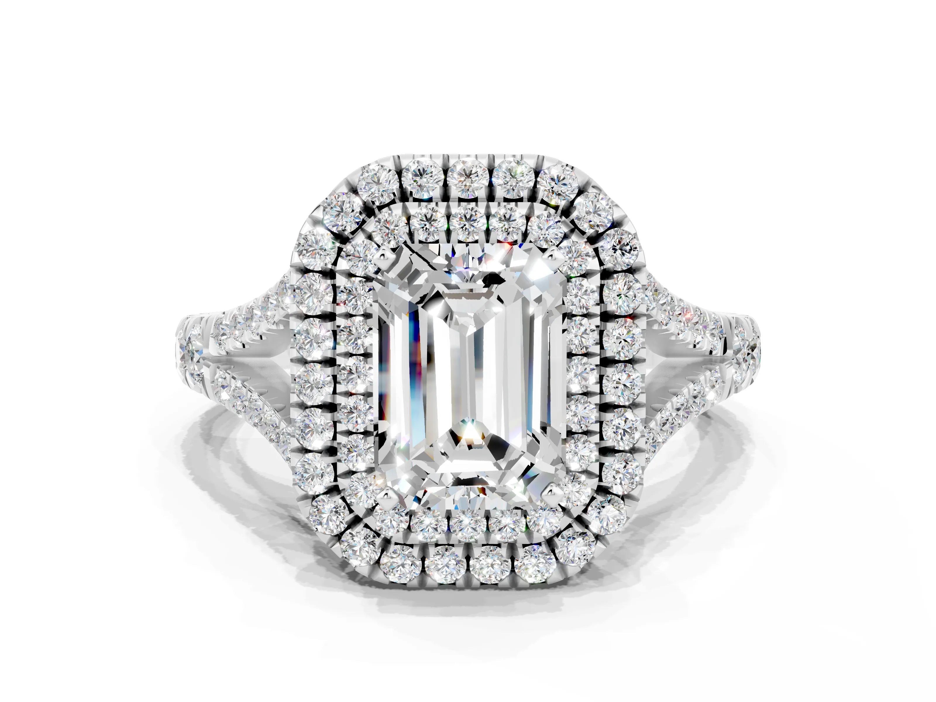 White gold Emerald Cut Moissanite Double Halo Ring with Split Shank and Prong Setting_24