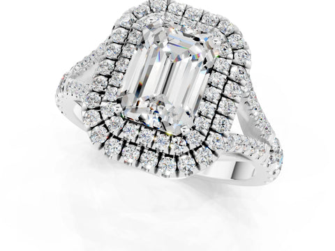 White gold Emerald Cut Moissanite Double Halo Ring with Split Shank and Prong Setting_25