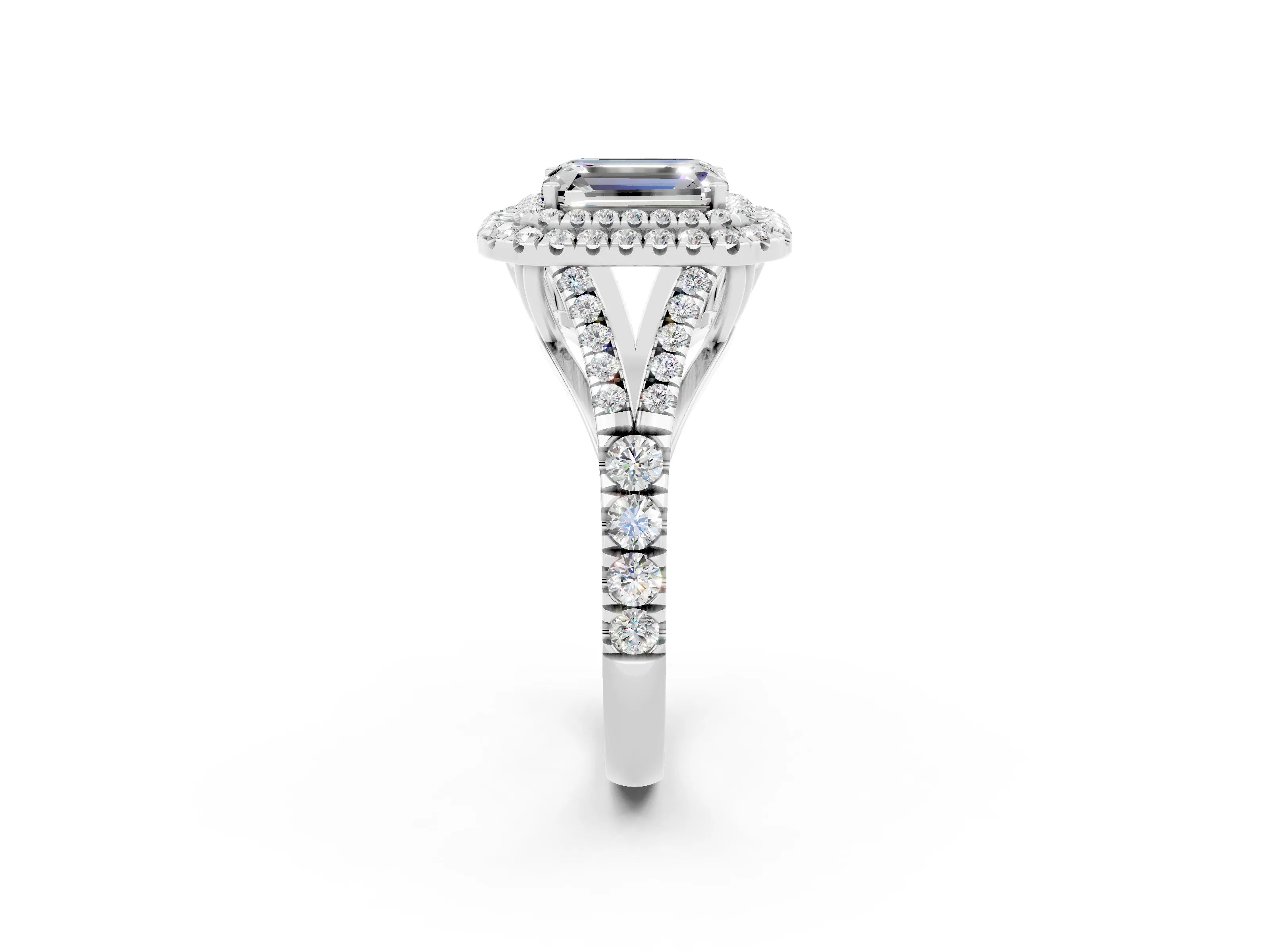 White gold Emerald Cut Moissanite Double Halo Ring with Split Shank and Prong Setting_26