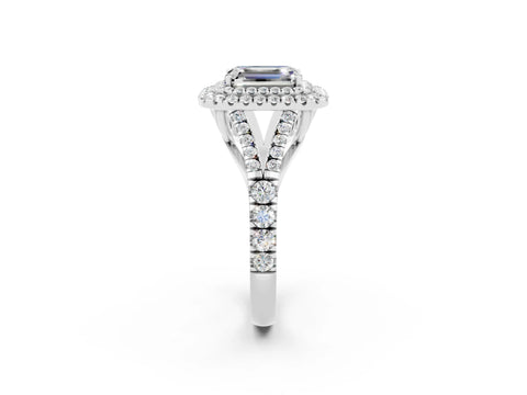 White gold Emerald Cut Moissanite Double Halo Ring with Split Shank and Prong Setting_26