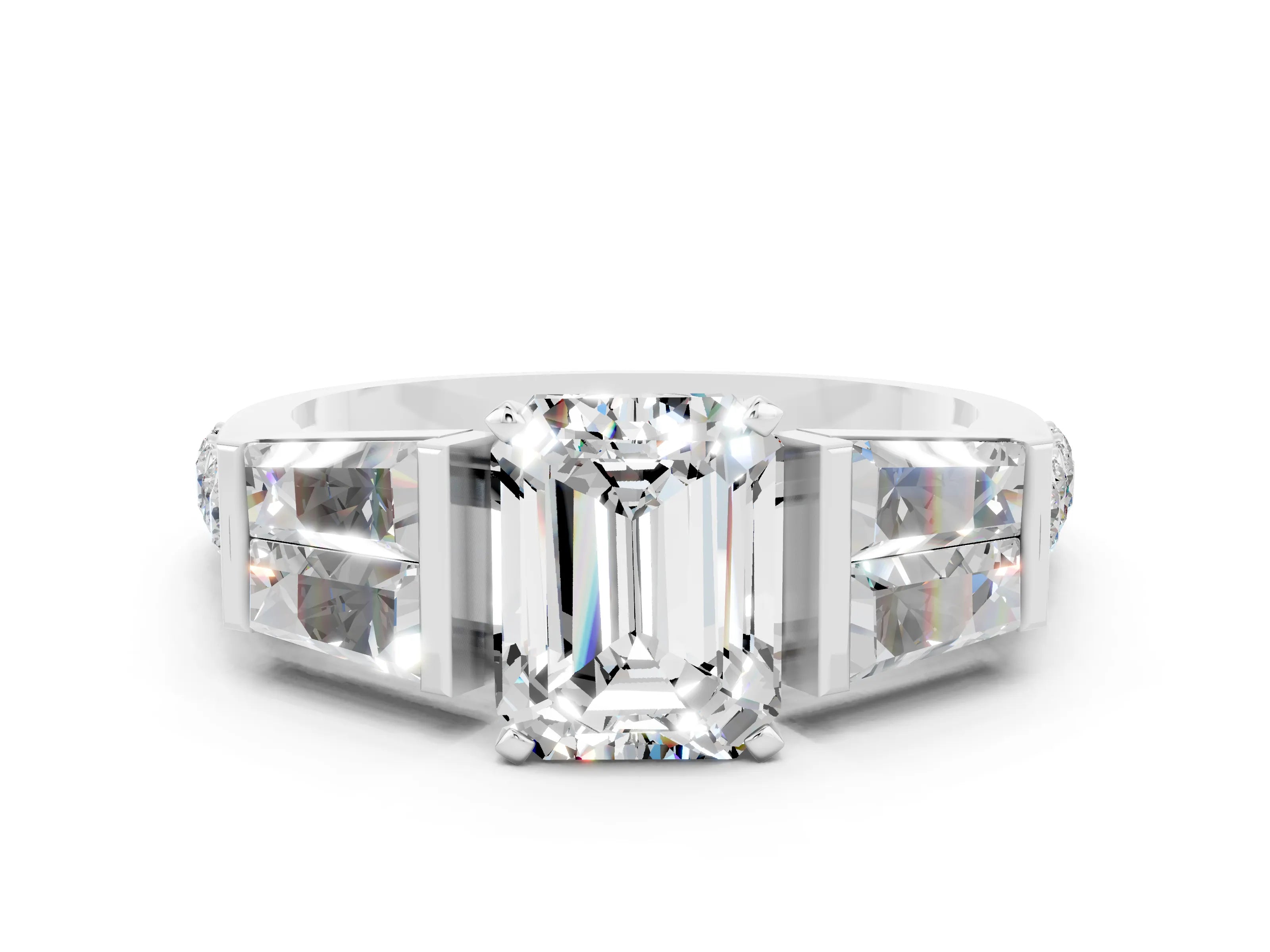 White gold Emerald Cut Moissanite Engagement Ring with Baguette Side Stones and Channel Set Band