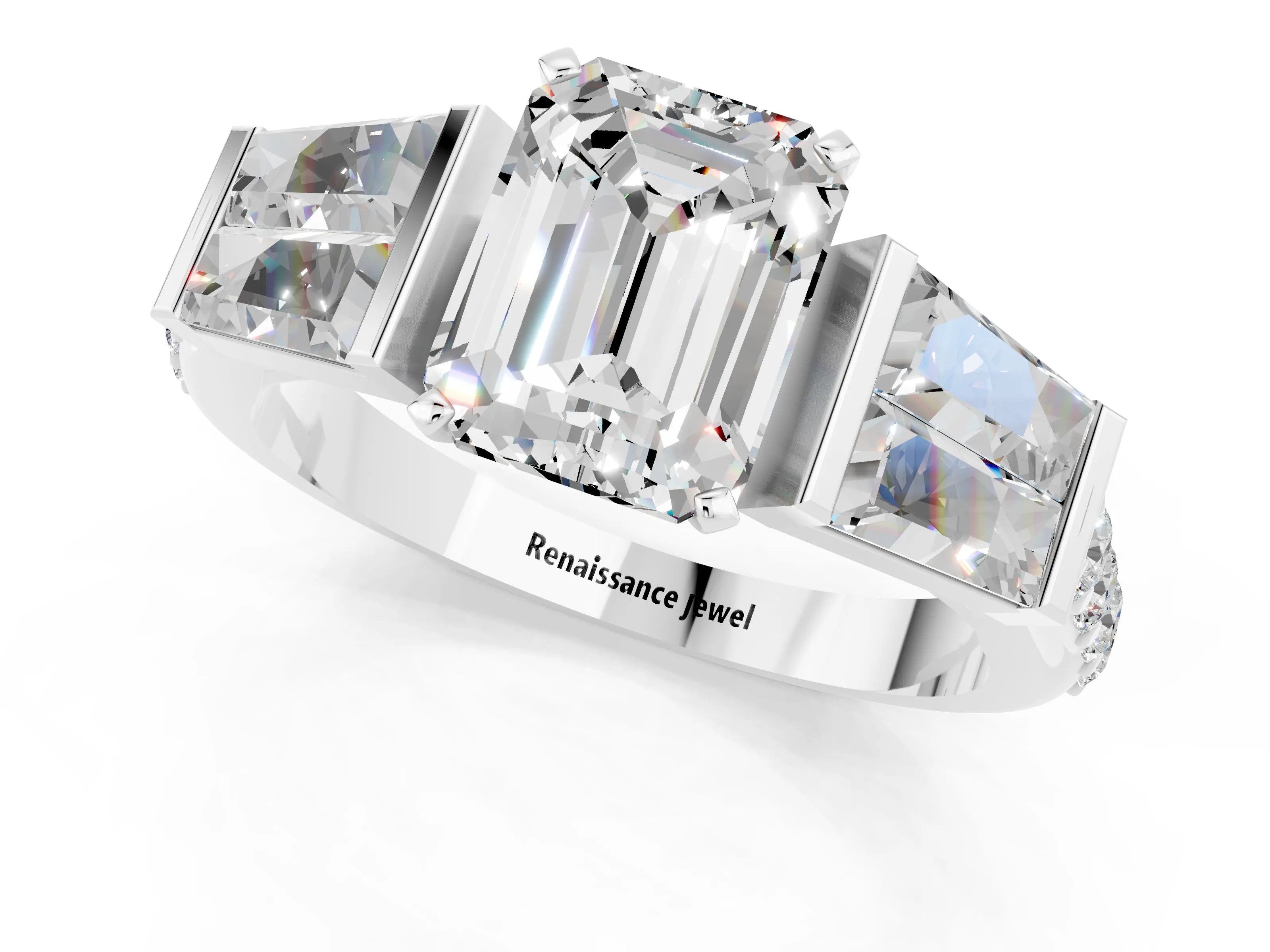 White gold Emerald Cut Moissanite Engagement Ring with Baguette Side Stones and Channel Set Band_1