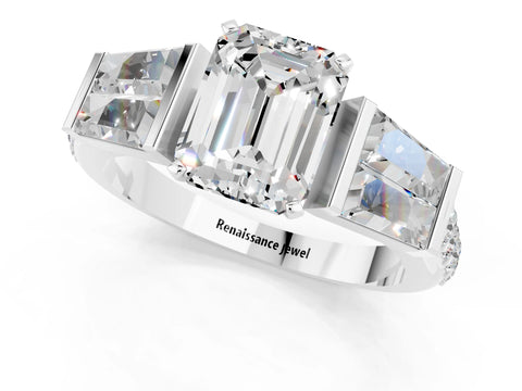 White gold Emerald Cut Moissanite Engagement Ring with Baguette Side Stones and Channel Set Band_1