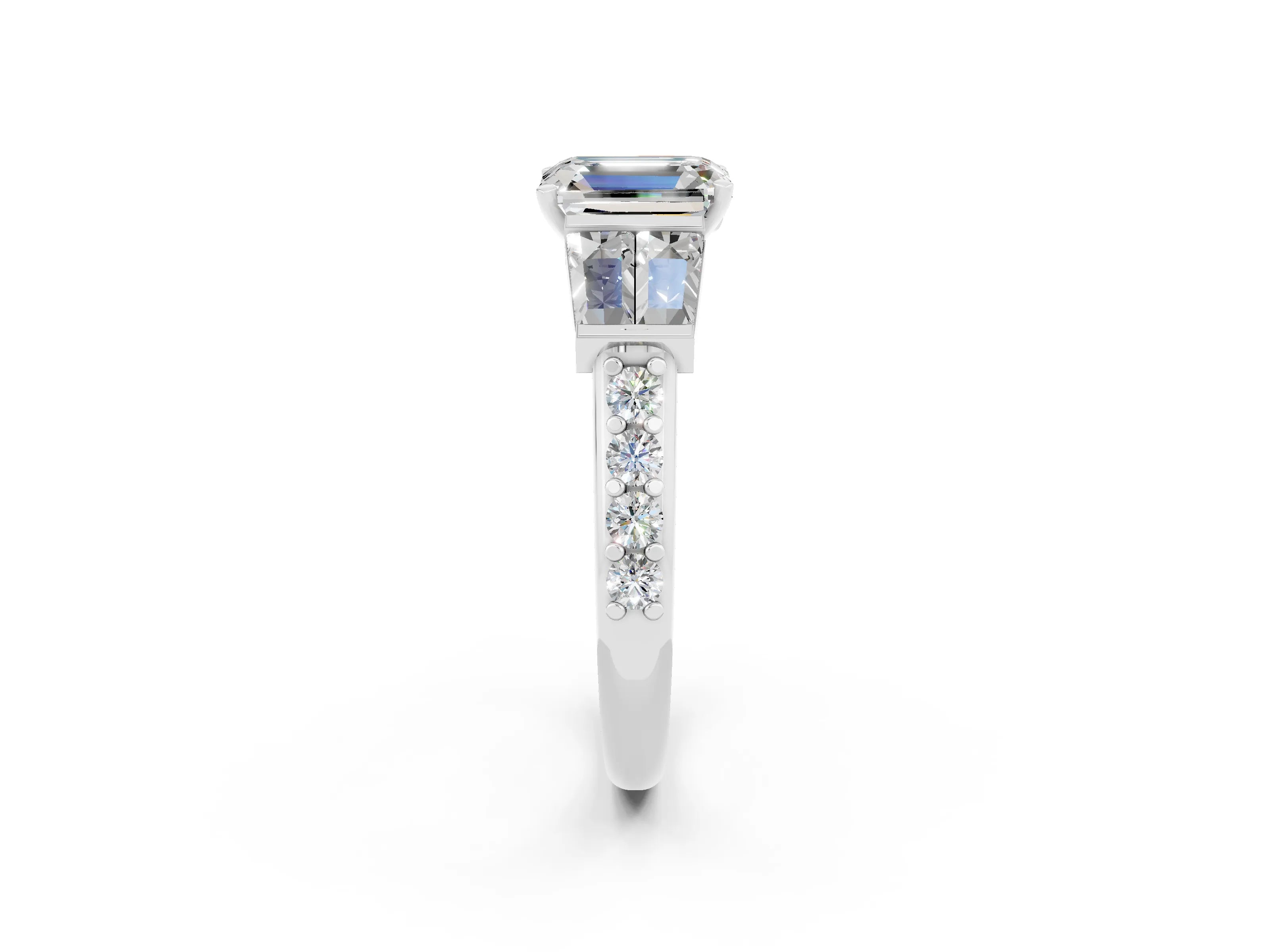 White gold Emerald Cut Moissanite Engagement Ring with Baguette Side Stones and Channel Set Band_2