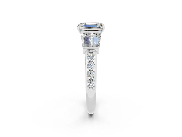 White gold Emerald Cut Moissanite Engagement Ring with Baguette Side Stones and Channel Set Band