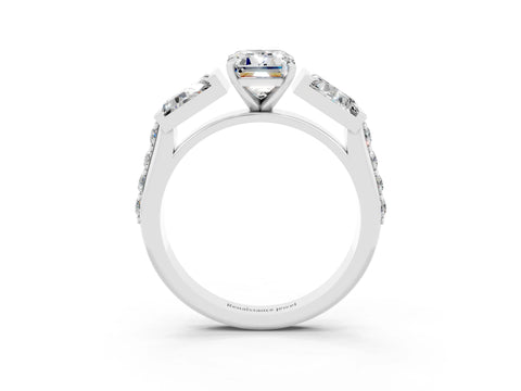 White gold Emerald Cut Moissanite Engagement Ring with Baguette Side Stones and Channel Set Band_3