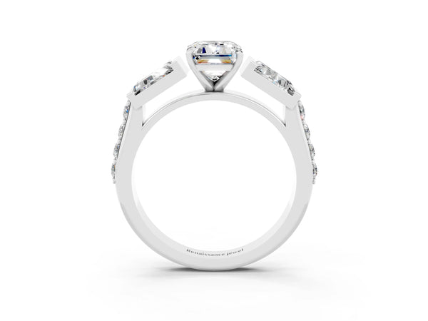 White gold Emerald Cut Moissanite Engagement Ring with Baguette Side Stones and Channel Set Band