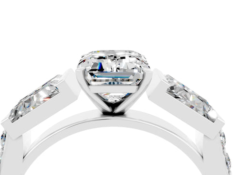 White gold Emerald Cut Moissanite Engagement Ring with Baguette Side Stones and Channel Set Band_4