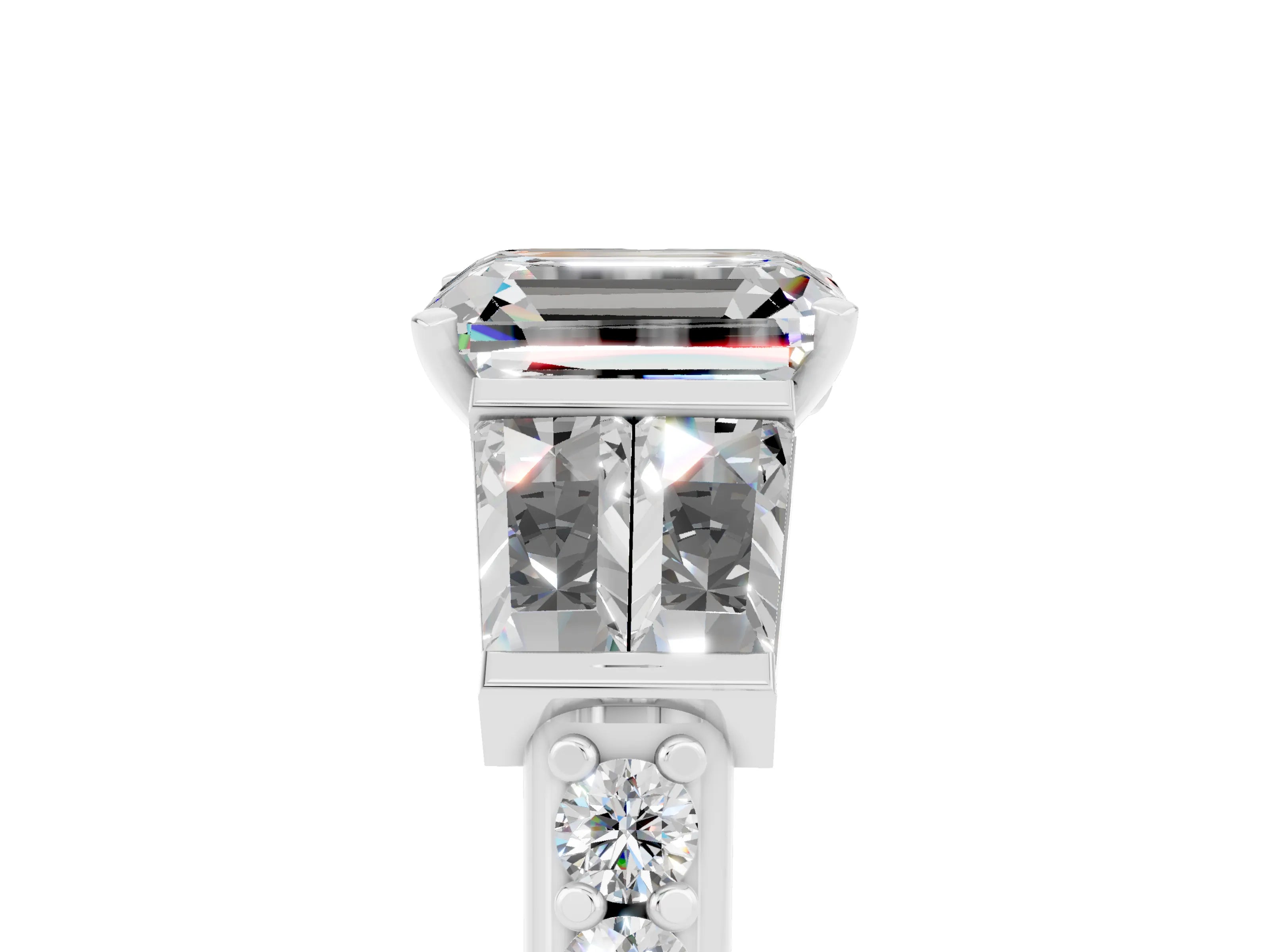 White gold Emerald Cut Moissanite Engagement Ring with Baguette Side Stones and Channel Set Band_5