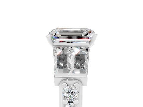 White gold Emerald Cut Moissanite Engagement Ring with Baguette Side Stones and Channel Set Band_5
